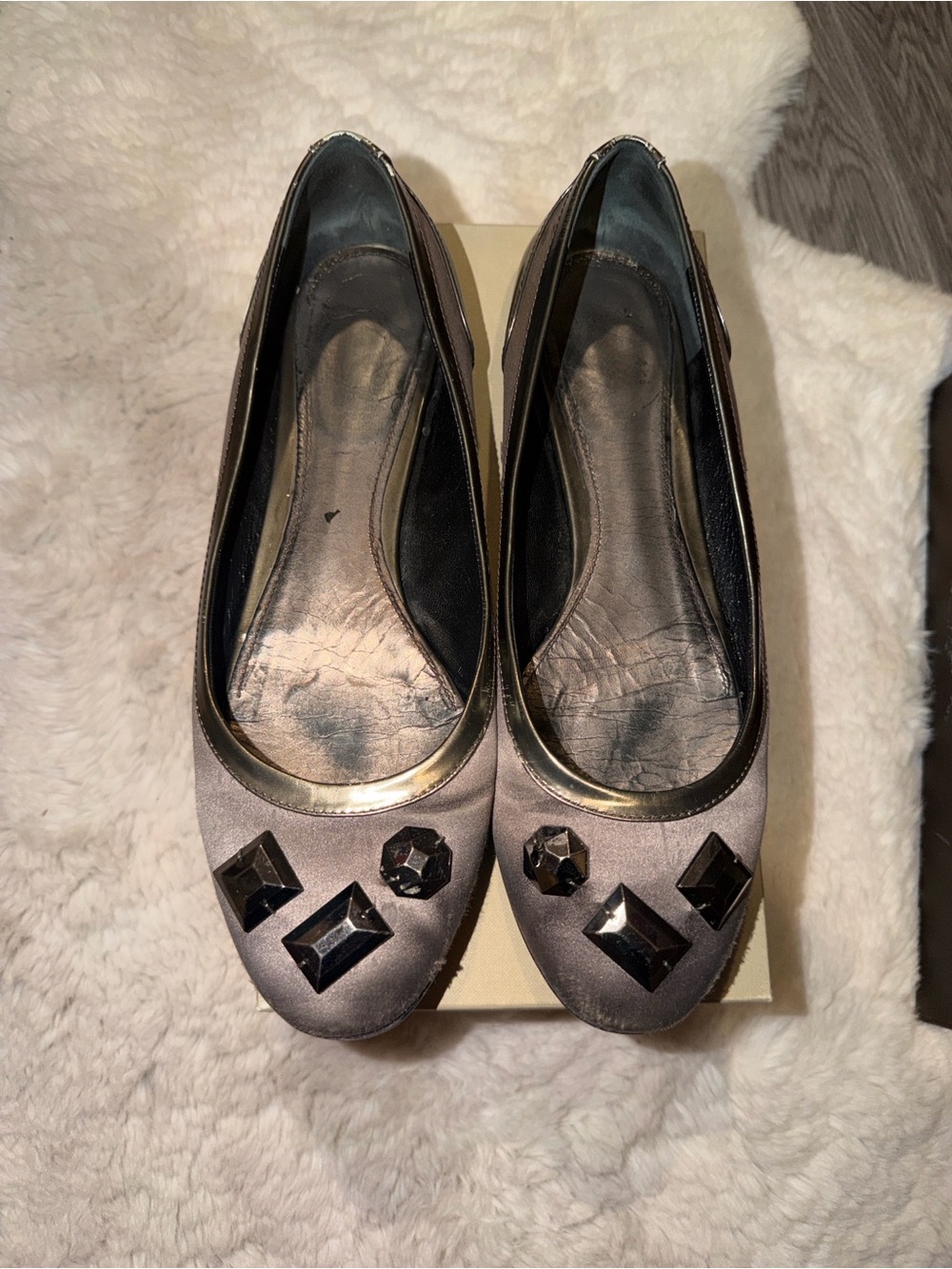 Burberry Taupe Satin Jeweled Ballet Flats